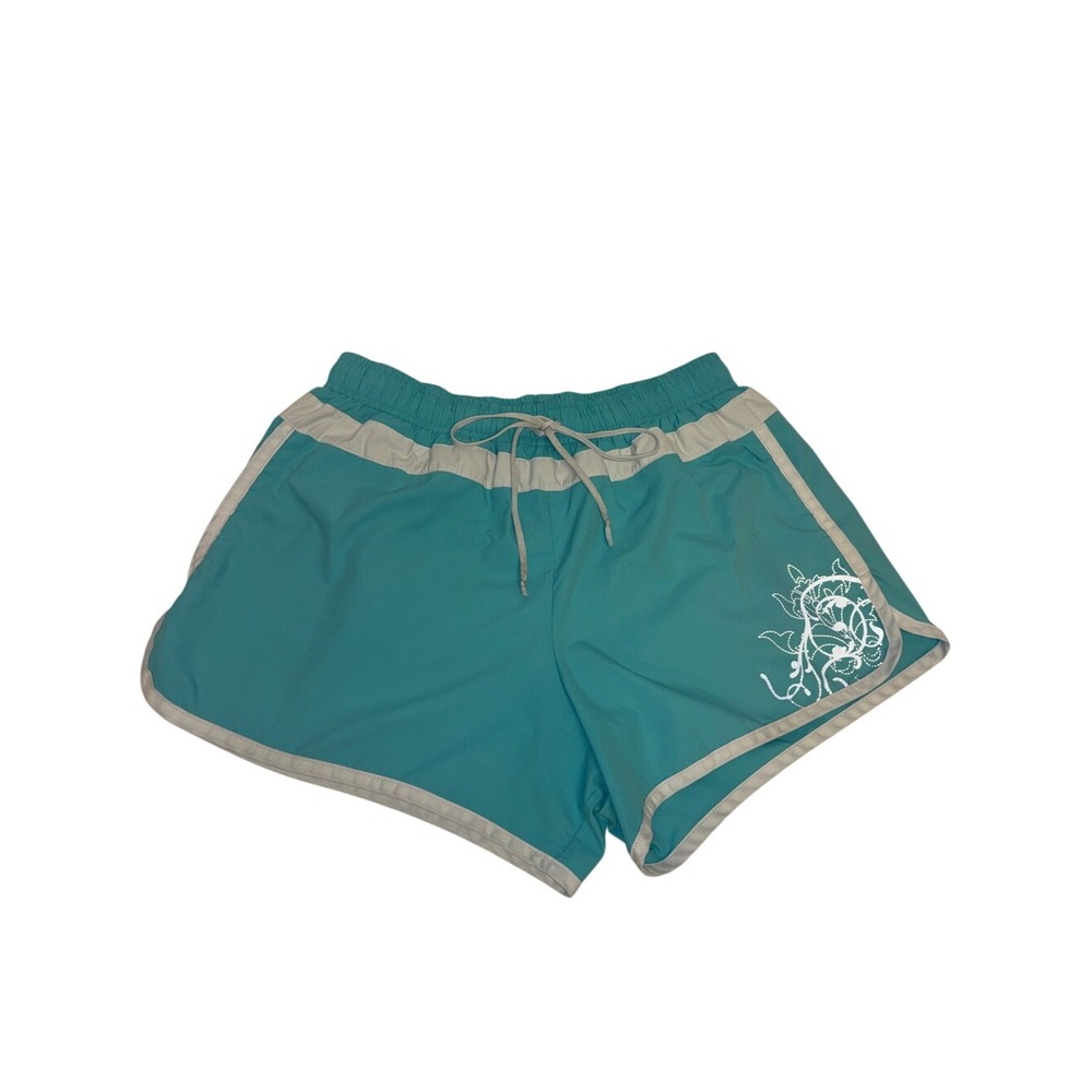 Athleta Women Teal Blue Running Shorts Graphic Print Size S Small Drawstring y2k